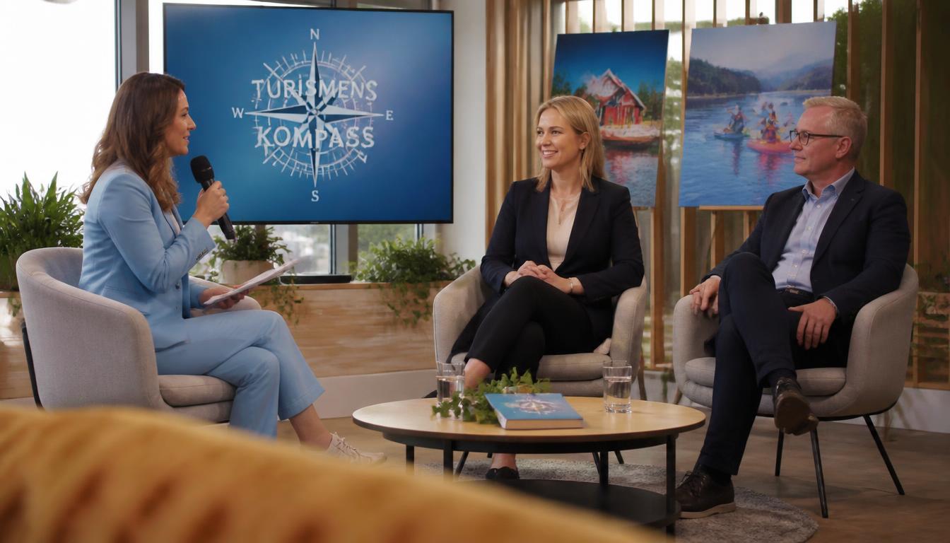 Programledare intervjuar två experter i en studio om Visit Compass™