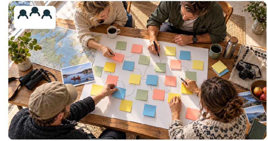 Team utvecklar idéer med färgade post-it-lappar på ett canvasblad