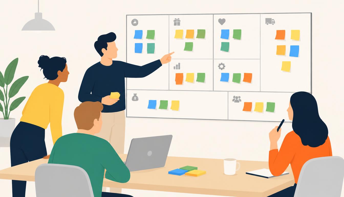 En coach leder ett team framför ett canvasblad med färgade post-it-lappar