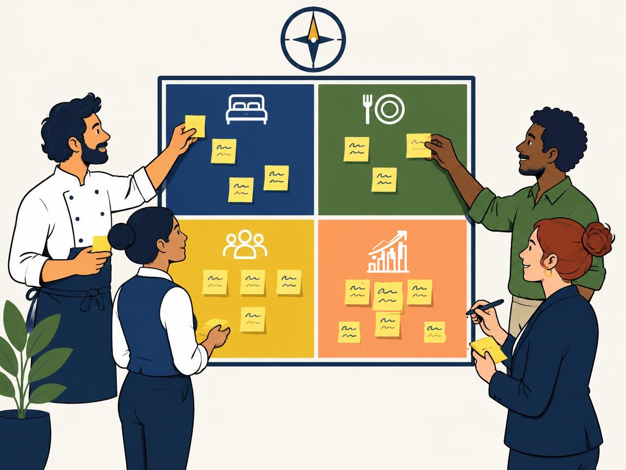 Illustration: ett team sätter post-it-lappar på en canvas med fyra färgade rutor