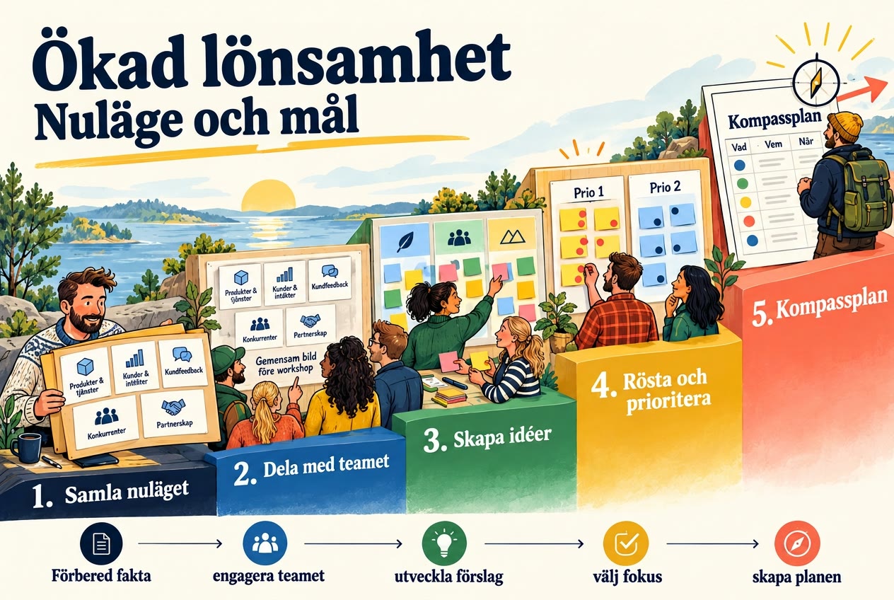 Illustration med rubriken Ökad lönsamhet och underskriften Nuläge och mål, samt fem stigande steg: 1. Samla nuläget, 2. Dela med teamet, 3. Skapa idéer, 4. Rösta och prioritera, 5. Kompassplan